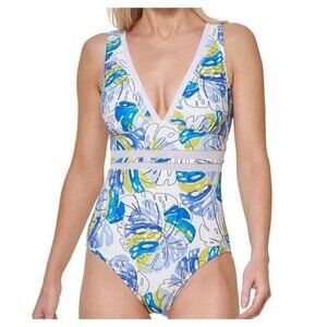 TOMMY Hilfiger Printed Mesh Inset Plunge One-Piece Swimsuit Size 16. NWT $98